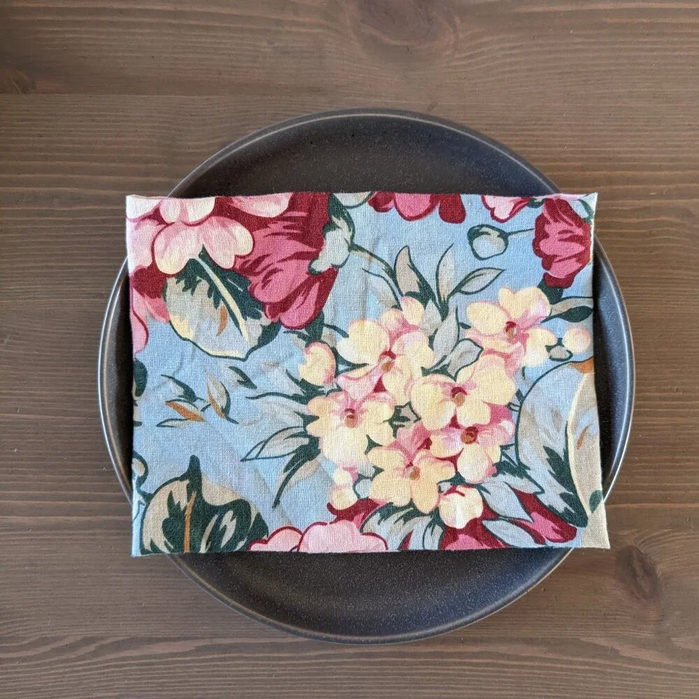6 Vintage‎ Handmade Cloth Napkins - Romantic Floral Print on Blue Background
